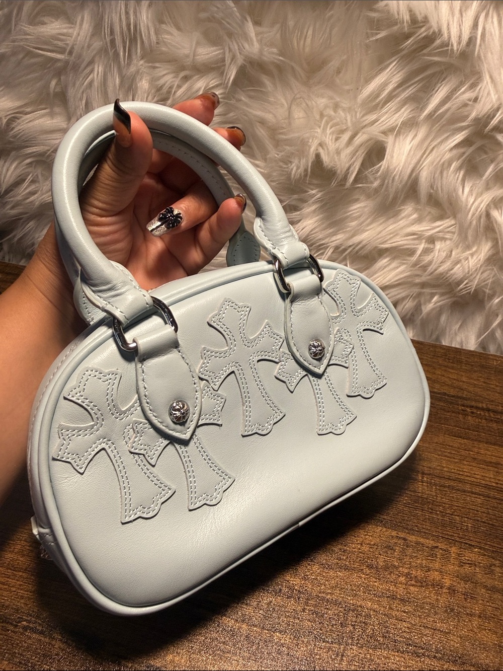 Chrome Hearts Light Blue Mini Satchel with Cross Appliqués - Picture 3 of 7